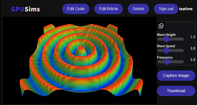 A wave simulation running inside GPUSims